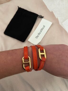 Tory Burch Orange Double-Wrap Leather Bracelet with Gold Hardware